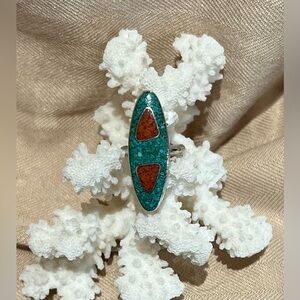 Vintage Navajo Sterling Silver Ring Turquoise Coral Chip Inlay Size 6.25